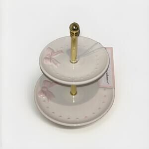 Cupcakes & Cashmere Pink Bow 2-Tier Jewelry Holder Lazy Susan Display Ceramic